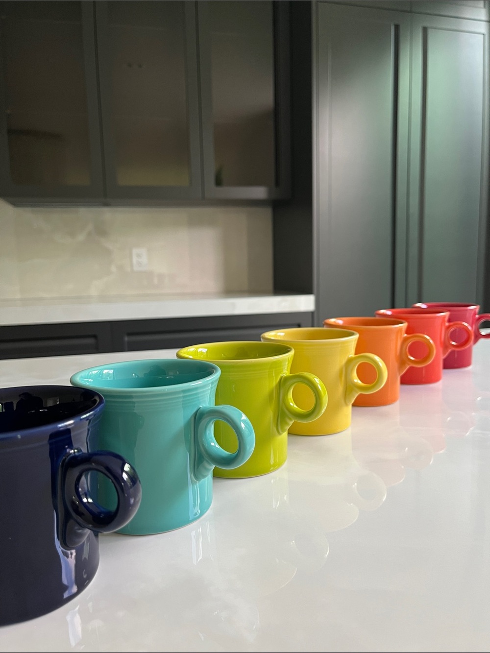7 Fiesta Mugs, Lead Free, Art Deco, Embossed, Flawless. 7 Fiestaware Mugs.